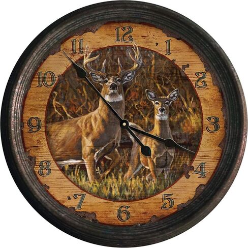 Rivers Edge Products 15 Inch Large Wall Clock, Distressed Analog Clock with Tin Frame, Rustic Wall Clock for Bedroom, Living Room, Bathroom, Kitchen, Office, or Cabin Decor, Deer Scene in Saudi Arabia