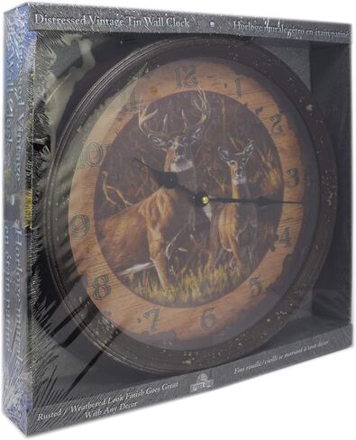 Rivers Edge Products 15 Inch Large Wall Clock, Distressed Analog Clock with Tin Frame, Rustic Wall Clock for Bedroom, Living Room, Bathroom, Kitchen, Office, or Cabin Decor, Deer Scene in Saudi Arabia