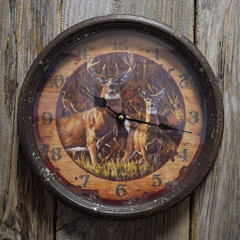 Rivers Edge Products 15 Inch Large Wall Clock, Distressed Analog Clock with Tin Frame, Rustic Wall Clock for Bedroom, Living Room, Bathroom, Kitchen, Office, or Cabin Decor, Deer Scene in Saudi Arabia