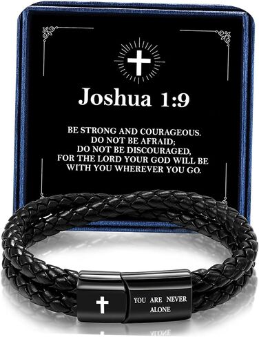 Leather Cross Bracelet for Men Christian Bible Verse Black Stainless Steel Bracelet, Inspirational Birthday Christian Graduation Gifts Ideas for Soulmate Boyfriend Man Dad Husband Grandson Son in Kuwait