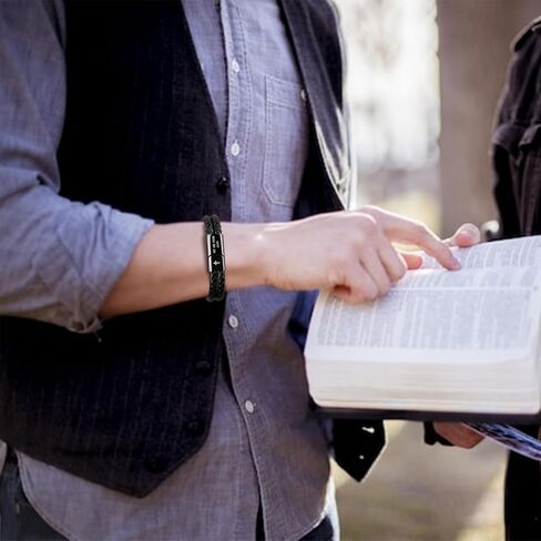 Leather Cross Bracelet for Men Christian Bible Verse Black Stainless Steel Bracelet, Inspirational Birthday Christian Graduation Gifts Ideas for Soulmate Boyfriend Man Dad Husband Grandson Son in Kuwait