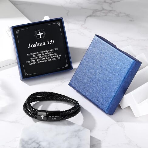 Leather Cross Bracelet for Men Christian Bible Verse Black Stainless Steel Bracelet, Inspirational Birthday Christian Graduation Gifts Ideas for Soulmate Boyfriend Man Dad Husband Grandson Son in Kuwait