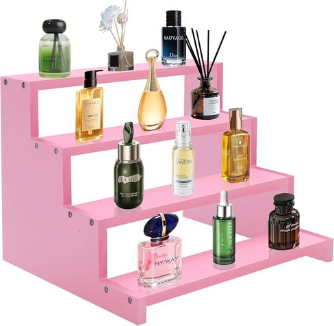 Wooden Perfume Stand for Women 4 Tier Pink Perfume Organizer Stand Perfume Display Shelf & Holder for Women’s Dresser & Vanity Desktop Rack for Fragrance Figures Dessert Cupcakes Decoration in Kuwait