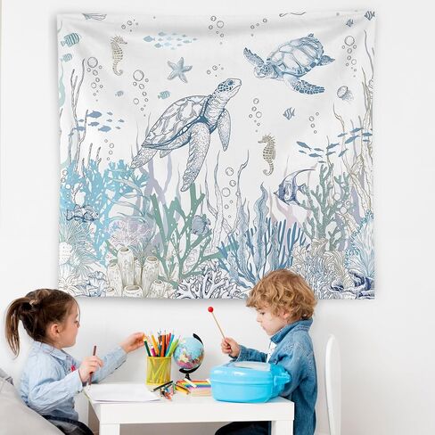 Wnagt Ocean Tapestry ، Sea Turtle Starffish Seahorse Coral Fish تحت جدار Tapestry Sea Hanging ، ديكور غرفة المحيط ، جدار ساحلي بحري ديكور للمنزل الحمام غرفة الأطفال الحضانة 50 × 60 بوصة in Kuwait