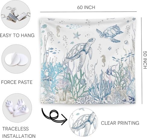 Wnagt Ocean Tapestry ، Sea Turtle Starffish Seahorse Coral Fish تحت جدار Tapestry Sea Hanging ، ديكور غرفة المحيط ، جدار ساحلي بحري ديكور للمنزل الحمام غرفة الأطفال الحضانة 50 × 60 بوصة in Kuwait