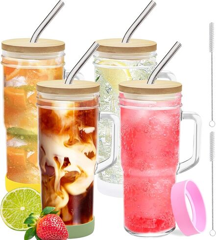 4 أكواب زجاجية سعة 24 أونصة بمقبض وأغطية من الخيزران وقش - أكواب شرب ميسون قابلة لإعادة الاستخدام للقهوة المثلجة والعصائر والبيرة والعصير والشاي in Kuwait