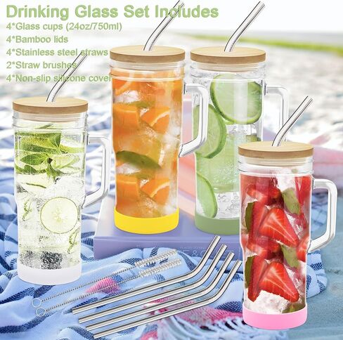 4 أكواب زجاجية سعة 24 أونصة بمقبض وأغطية من الخيزران وقش - أكواب شرب ميسون قابلة لإعادة الاستخدام للقهوة المثلجة والعصائر والبيرة والعصير والشاي in Kuwait