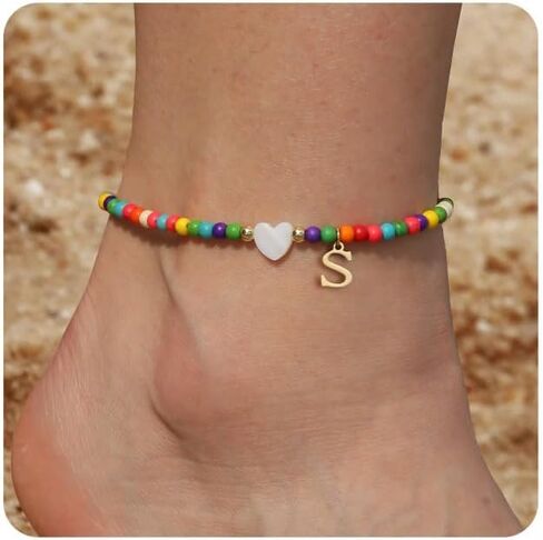 Initial Ankle Bracelets for Women - Cute Heart Charm Anklets, 14K Gold Plated Letter Colorful Beads Anklet | Summer Beach Trendy Jewelry | 2025 Personalized Birthday Graduation Gifts for Her in Kuwait