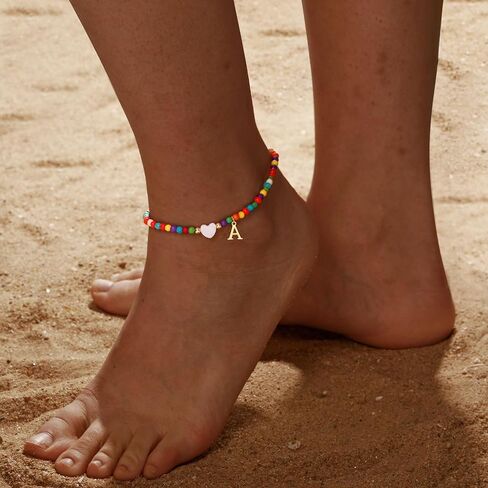 Initial Ankle Bracelets for Women - Cute Heart Charm Anklets, 14K Gold Plated Letter Colorful Beads Anklet | Summer Beach Trendy Jewelry | 2025 Personalized Birthday Graduation Gifts for Her in Kuwait