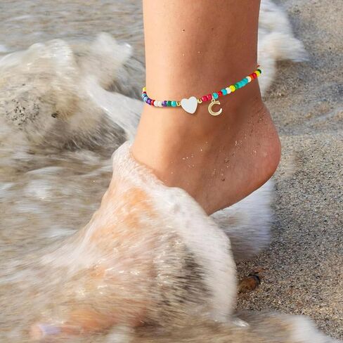 Initial Ankle Bracelets for Women - Cute Heart Charm Anklets, 14K Gold Plated Letter Colorful Beads Anklet | Summer Beach Trendy Jewelry | 2025 Personalized Birthday Graduation Gifts for Her in Kuwait