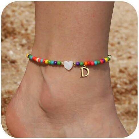 Initial Ankle Bracelets for Women - Cute Heart Charm Anklets, 14K Gold Plated Letter Colorful Beads Anklet | Summer Beach Trendy Jewelry | 2025 Personalized Birthday Graduation Gifts for Her in Kuwait