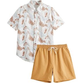 OYOANGLE Men's 2 Piece Set Graphic Print Button Down Shirt and Shorts Summer Beach Outfits