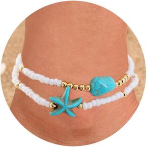 Summer Ankle Bracelets for Women Beach Charm Anklets for Womens Colorful Stone Marine Element Elastic Handmade Gold Beads Anklet Sets