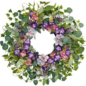 24 Inch Spring Wreath Purple Flower Wreath Everyday Artificial Wild Flower Wreath for Front Door, Spring Summer Wild
