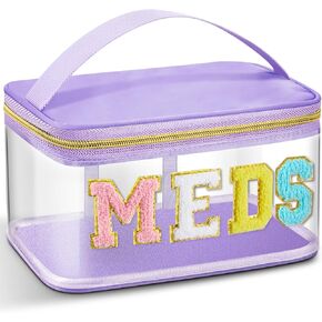 Geetery Chenille Letter Bag Nylon Makeup Portable Cases Preppy Patch Makeup Bag with Zipper Cosmetic Toiletry Storage case for Women(Pink,Chic Meds)