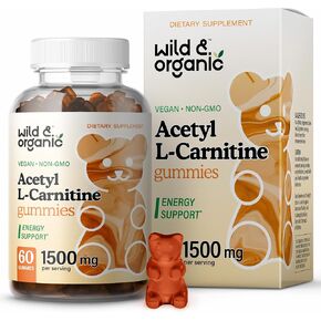 Wild & Organic Acetyl L-Carnitine 1500mg Gummies - Alcar Chews for Brain & Energy Support - L Carnitine Supplement with 60 Count - Energy and Focus Gummies with Acetyl Powder