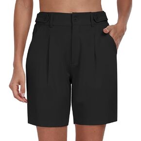 MoFiz Women's Shorts Dressy Casual Business Work Shorts Elastic Waist Straight Leg Pleated Summer Bermuda Shorts with Pockets