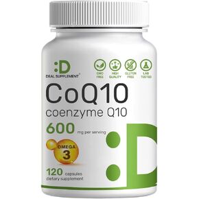 CoQ10 600mg, 120 Capsules – with Omega 3 Fatty Acid 100mg – Max Strength – Bioavailable Coenzyme Q10 Supplements – Heart, Energy, & Brain Health Antioxidant Support – Non-GMO