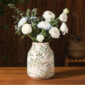 Rustic Vintage Ceramic Vase, 7.8 inch Beige and Green Floral Vase Chinoiserie Farmhouse Antique Decorative Flower Vases for Home Decor