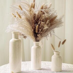 Pampas Grass مع مجموعة مزهرية - 3 مزهريات من السيراميك البيضاء البيضاء مع بامباس مجففة طبيعية ، ذيول الأرنب والمزيد - ديكور مزرعة محايدة للمدفأة ، المنزل ، رف ، المدخل ، المطبخ والطاولة المركزية بوهو