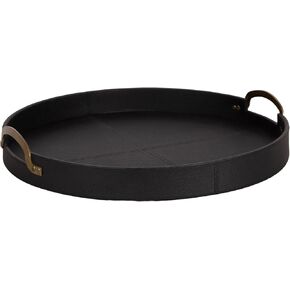 Kate and Laurel Oxbury Decorative Vegan Leather Round Tray with Handles, 18 Inch Diameter, Black and Antique Brass, Modern Circle Ottoman Tray for Use as Tabletop Decor Accent or Display Option