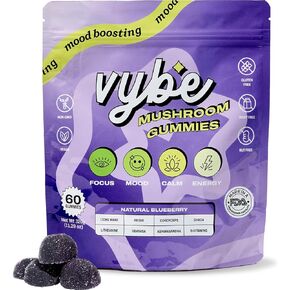 Vybe Mushroom Gummies for Focus and Energy-ملحق كل ما في واحد في واحد-ملحق Mushroom-8-in-1 مزيج من مكملات Adaptogen مع Mane Lion ، Cordyceps ، Reishi ، Chaga ، Ashwagandha (Blueberry ، 60-Count)