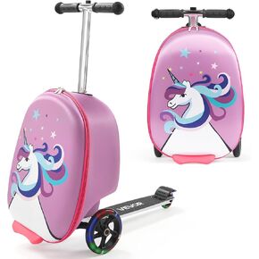 VEVOR Ride-on Luggage, 20 L Capacity, 20 Inches Kids Scooter Suitcase with Flash PU Wheels, Adjustable Handle & TPR Non-Slip Grip, Foldable & Lightweight Scooter Luggage for Kids Aged 5+, Purple