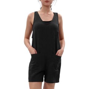 Amazhiyu Women's Linen Summer Casual Short Romper Loose Jumpsuits with Pockets