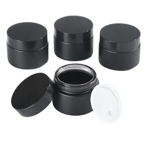 OverNews 2oz Amber Glass Jar Travel Size, 4PCS Empty Cosmetic Lotion Container with Black Lid & Spatula, Small Mini Jar for Beauty