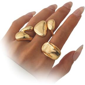 Chunky Gold Large Dome Statement Rings Set for Women Vintage Oversized Stackable Big Wide Band Open Finger Ring Pack Trendy Geometric Knuckle Midi Jewelry