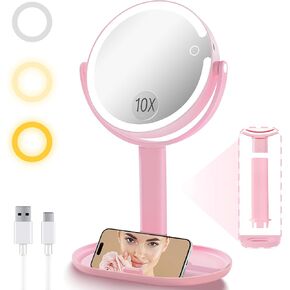 15X Magnifying Makeup Mirror with Lights, Double Sided 360° Rotation Vanity Desk Mirror with Magnification Rechargeable 3 Color Lights and Adjustable Brightness Stand for Dressing Table,Bedroom
