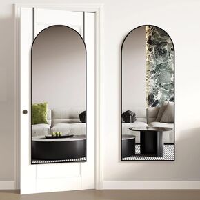 Large 50"x16" Adjustable Height Over The Door Mirror, Arch Full Length Hanging Door Mirror with Shatterproof Tempered Glass Aluminum Alloy Frame for Bedroom, Living Room, Bathroom, Dorm (Black)