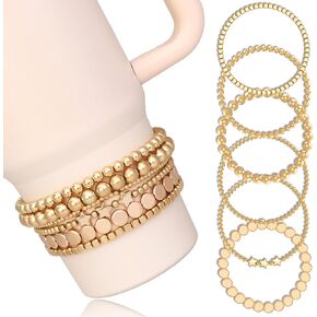 6PCS Bracelets for Stanley Cup Accessories, Beach Bracelet Stack Charms for Stanley Cup Decorations, Simple Beads Charm Attachments for Stanley 40oz&30oz Tumbler with Handle (Gold)