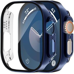 Smiling 2 Pack Case Built in Tempered Glass Screen Protector Compatible with Apple Watch Ultra 2 /Ultra 49mm, Hard PC Case Overall Protective Cover-1 Blue + 1 Transparent