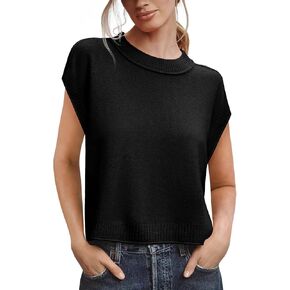 Saodimallsu Womens Cap Sleeve Sweater Vest Crew Neck Casual Loose Knit Summer Lightweight Pullover Tank Tops Black