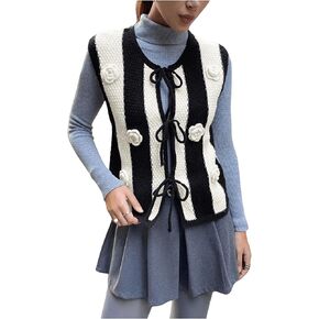 MakeMeChic Women's 3D Flower Colorblock Sweater Vest Bow Tie Front Sleeveless Sweaters