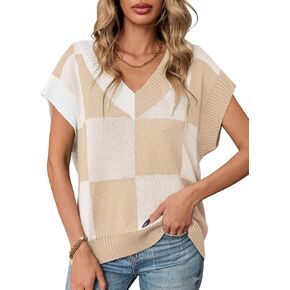 Yousify Womens Cap Sleeve Top V Neck Summer Shirt Color Block Plaid Knit Trendy Casual Sweater Vest
