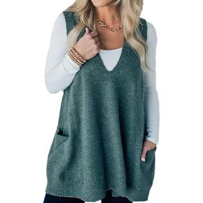 KARRESLY Womens Oversized Sleeveless Sweater Vest V Neck Loose Knit Casual Flattering Tank Top with Pockets