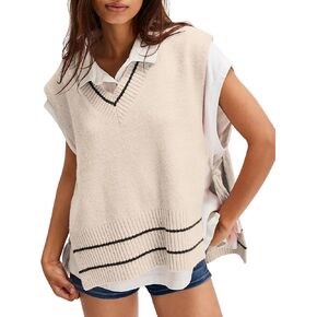Women’s V Neck Sweater Vest Loose Knit Sleeveless Poncho Side Binding Fringe Pullover Tank Tops