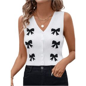 MakeMeChic Women's Bow Sweater Vest V Neck Button Down Sleeveless Knit Top