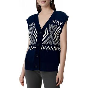 Velius Women Crochet Sleeveless V Neck Patterned Button Down Sweater Vest Knit Top