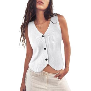 Women’s Sweater Vest Tops，Sleeveless V Neck Button Down Knit Vest
