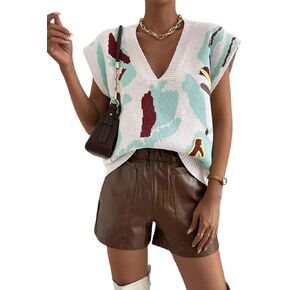 chouyatou Women's Color Block Floral Print Sleeveless Sweater Vest Vintage Contrast Trim Vest Tank Tops