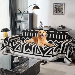 Boho Non Slip Covers Sofa Covers for 3 Cushion Chenille Dog Pet Couch Protector Washable Anti-Slip Sectional Couch Cover Tassels L Shaped Waterproof Sofa Cover (sixu-Black, 91"*134")