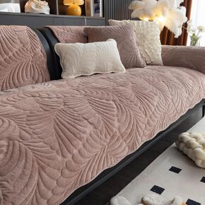Palm Leaves Sofa Couch Cover, Sofa Covers Washable for Dogs, Velvet Couch Covers for Sectional Sofa, Anti Slip Furniture Protector Covers for L Shaped(Khaki, 36"x 94")