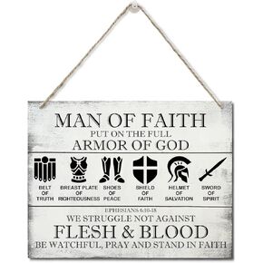 Printed Wood Plaque Sign Wall Hanging, Put on the Full Armor of God Quote Scripture Rustic Man Of Faith Hanging Wall Plaque Wood Signs, Ephesians 6:10-18 Christian Sign