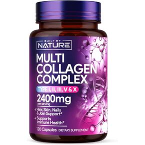 Built by Nature Collagen Pills – Multi Collagen Peptides Complex Supplement for Women – Type I, II, III, V, X for Hair, Skin, Nails, Joints & Bone Health - Hydrolyzed, Grass-Fed - 120 Capsules