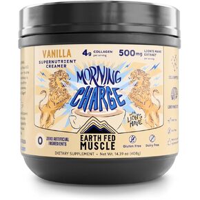 Earth Fed Muscle Morning Charge Vanilla Creamer with Collagen & Lion’s Mane – Dairy-Free, Soy-Free, Gluten-Free, 24 Servings