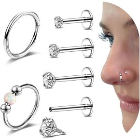 16G/18G Surgical Steel Nose Rings Studs with CZ Flat Back Earrings Studs Internal Thread Nose Studs for Women Men Hypoallergenic Nose Piercing Jewelry for Nostril Tragus Helix Labret Piercings