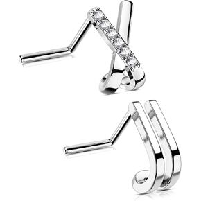 oufer 2pcs أنف حلقة ، فريدة من نوعها فريدة من نوعها الصليب المزدوج الصفوف 20g الأنف ترصيع على شكل ل على شكل متلألئة الفولاذ المقاوم للصدأ صغير الفولا